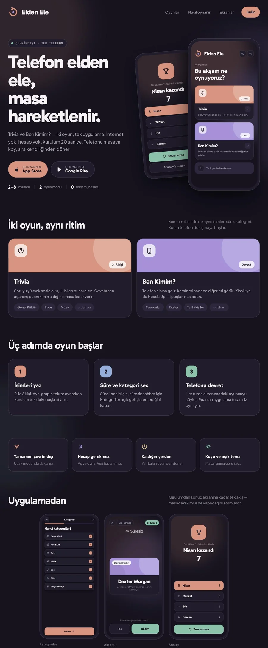 Elden Ele parti oyunu uygulamasının tanıtım sitesi